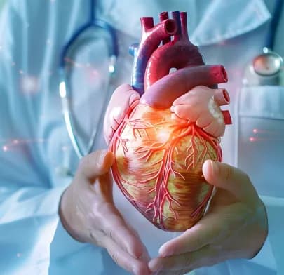Doctor holding a realistic anatomical heart model symbolizing Heart Transplant surgery and advanced cardiac care.