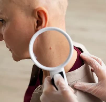 Close-up of a neck mole being examined with a magnifying glass, illustrating screening for Basal Cell Cancer.