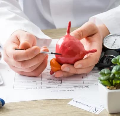 Doctor points to bladder model, illustrating medical context related to Cystectomy in India.