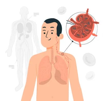 Illustration of male torso showing lungs, trachea, and kidney anatomy, used to explain Lymphoma’s impact on respiratory and urinary systems