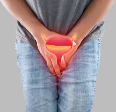 Person holding lower abdomen with a glowing bladder graphic, illustrating discomfort linked to Prostate Cancer symptoms.