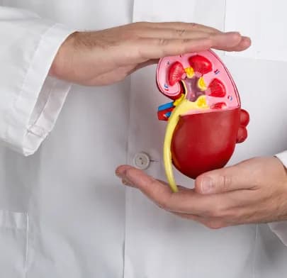 Doctor holds kidney model showing internal anatomy, illustrating procedure like Pyeloplasty in India.